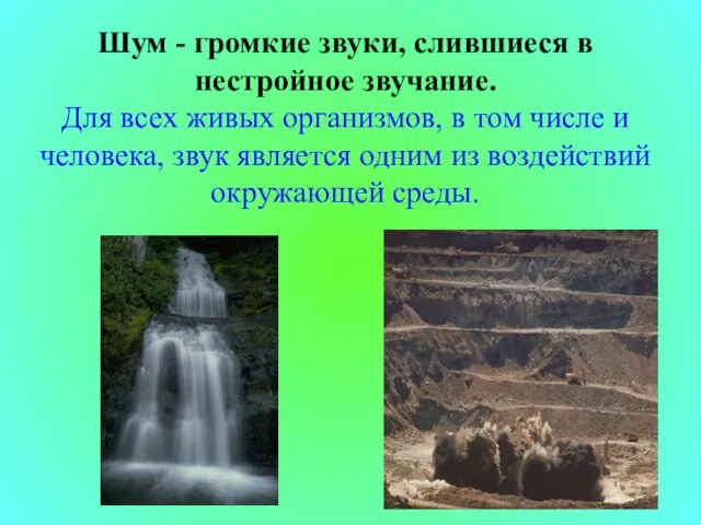 Шум - громкие звуки, слившиеся в нестройное звучание. Для всех живых организмов,