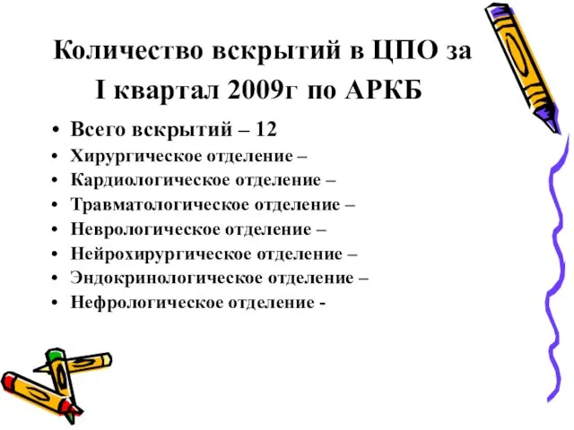 Количество вскрытий в ЦПО за I квартал 2009г по АРКБ Всего вскрытий