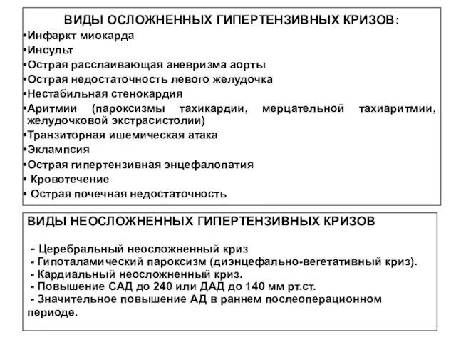 ВИДЫ ОСЛОЖНЕННЫХ ГИПЕРТЕНЗИВНЫХ КРИЗОВ: Инфаркт миокарда Инсульт Острая расслаивающая аневризма аорты Острая