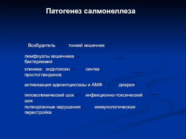 Патогенез салмонеллеза Возбудитель тонкий кишечник лимфоузлы кишечника бактериемия клиника: эндотоксин синтез простогландинов