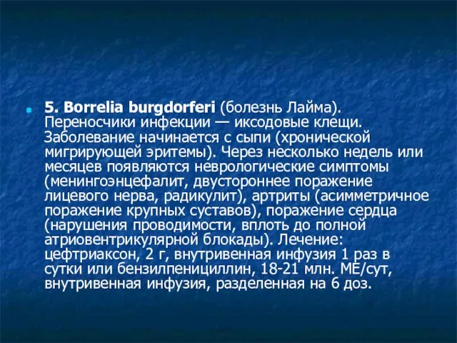 5. Borrelia burgdorferi (болезнь Лайма). Переносчики инфекции — иксодовые клещи. Заболевание начинается