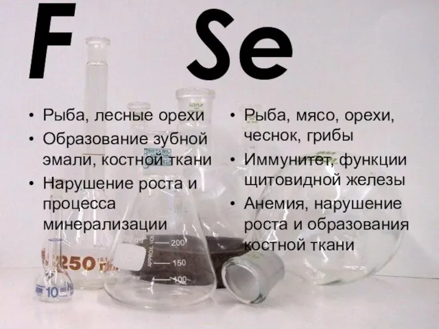 F Se Рыба, лесные орехи Образование зубной эмали, костной ткани Нарушение роста