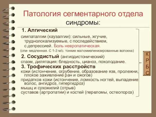 Патология сегментарного отдела синдромы: 1. Алгический симпаталгии (каузалгии): сильные, жгучие, труднолокализуемые, с