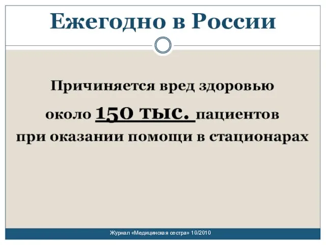 Ежегодно в России Причиняется вред здоровью около 150 тыс. пациентов при оказании