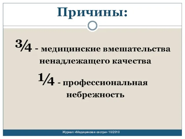 Причины: ¾ - медицинские вмешательства ненадлежащего качества ¼ - профессиональная небрежность Журнал «Медицинская сестра» 10/2010