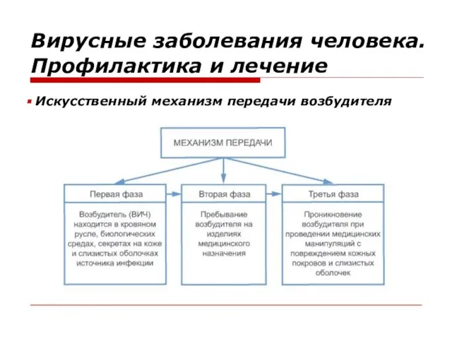 Вирусные заболевания человека. Профилактика и лечение Искусственный механизм передачи возбудителя