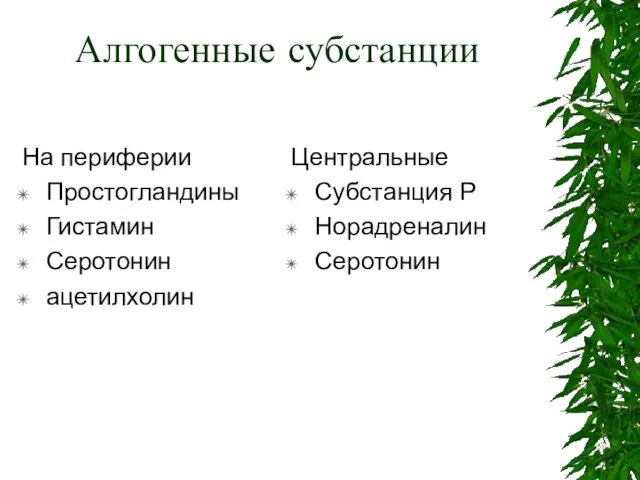 Алгогенные субстанции На периферии Простогландины Гистамин Серотонин ацетилхолин Центральные Субстанция Р Норадреналин Серотонин