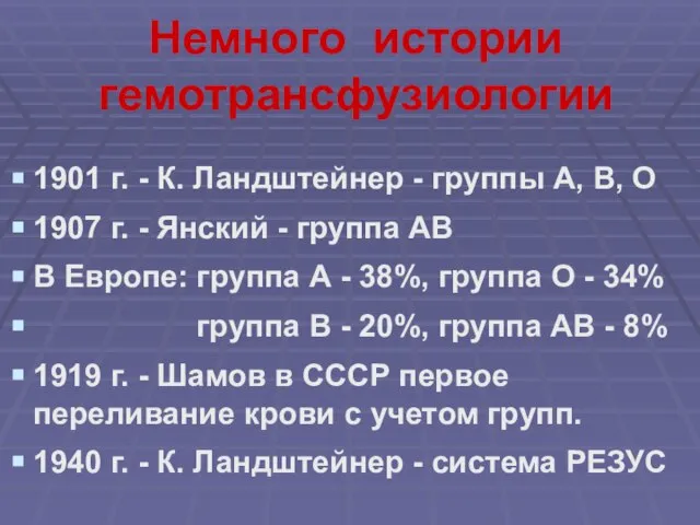 Немного истории гемотрансфузиологии 1901 г. - К. Ландштейнер - группы А, В,