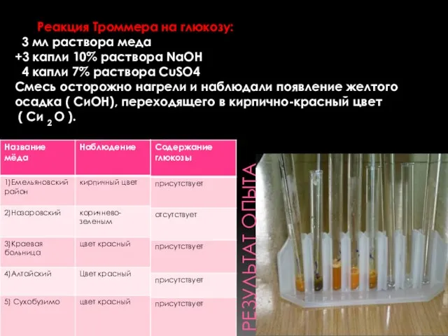 РЕЗУЛЬТАТ ОПЫТА Реакция Троммера на глюкозу: 3 мл раствора меда +3 капли