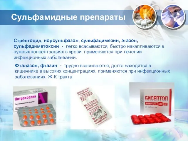 Сульфамидные препараты Стрептоцид, норсульфазол, сульфадимезин, этазол, сульфадиметоксин - легко всасываются, быстро накапливаются