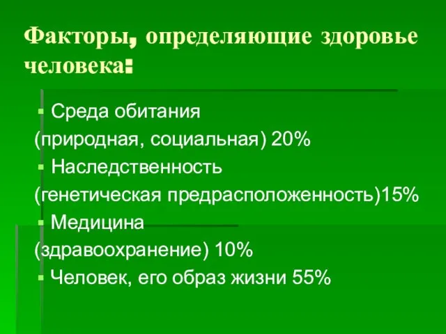 Факторы, определяющие здоровье человека: Среда обитания (природная, социальная) 20% Наследственность (генетическая предрасположенность)15%