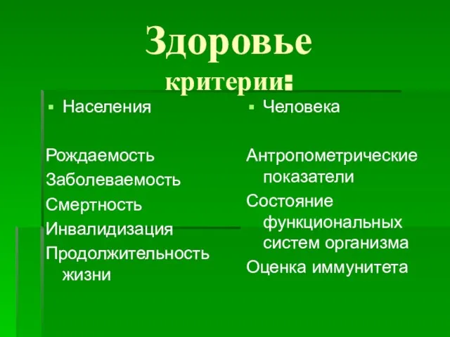 Здоровье критерии: Населения Рождаемость Заболеваемость Смертность Инвалидизация Продолжительность жизни Человека Антропометрические показатели