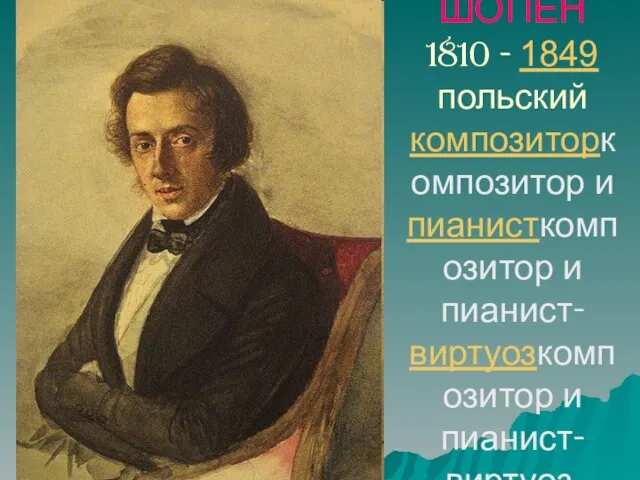 ФРЕДЕРИК ШОПЕН 1810 - 1849 польский композиторкомпозитор и пианисткомпозитор и пианист-виртуозкомпозитор и пианист-виртуоз, педагог.