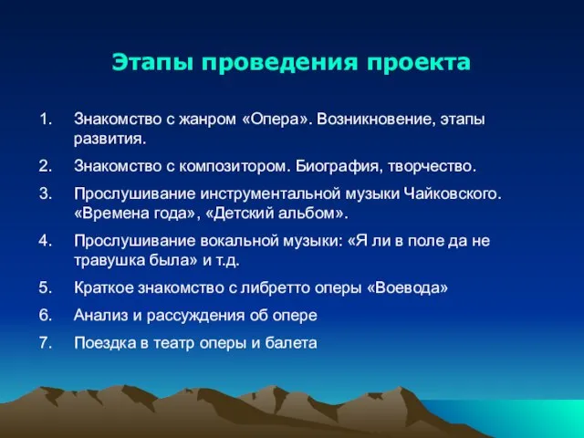 Этапы проведения проекта Знакомство с жанром «Опера». Возникновение, этапы развития. Знакомство с