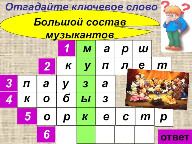 Отгадайте ключевое слово 1 2 3 4 5 6 Большой состав музыкантов ответ