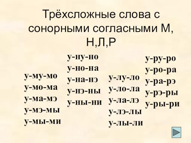 Трёхсложные слова с сонорными согласными М,Н,Л,Р у-му-мо у-мо-ма у-ма-мэ у-мэ-мы у-мы-ми у-ну-но