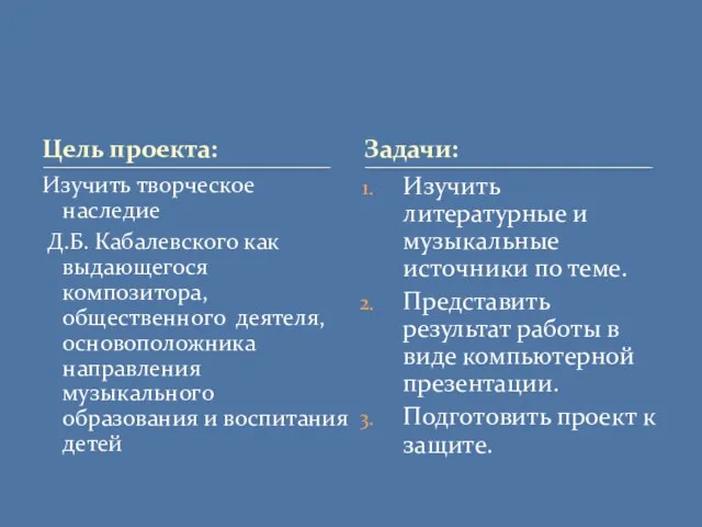 Цель проекта: Изучить творческое наследие Д.Б. Кабалевского как выдающегося композитора, общественного деятеля,