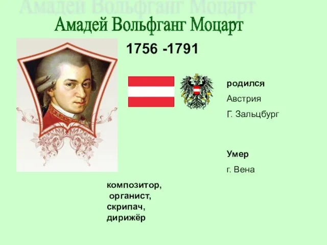 Амадей Вольфганг Моцарт 1756 -1791 родился Австрия Г. Зальцбург композитор, органист, скрипач, дирижёр Умер г. Вена