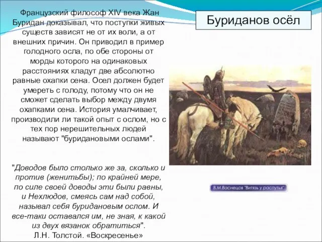 Французский философ XIV века Жан Буридан доказывал, что поступки живых существ зависят