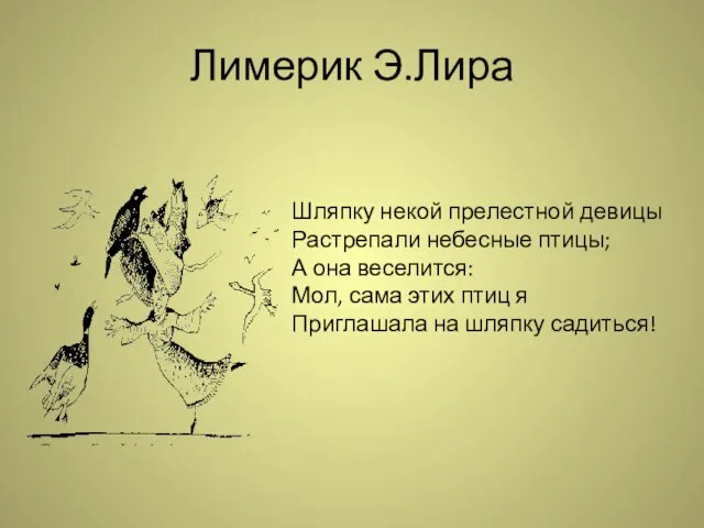 Лимерик Э.Лира Шляпку некой прелестной девицы Растрепали небесные птицы; А она веселится: