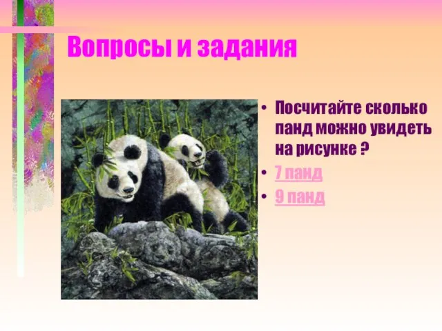 Вопросы и задания Посчитайте сколько панд можно увидеть на рисунке ? 7 панд 9 панд