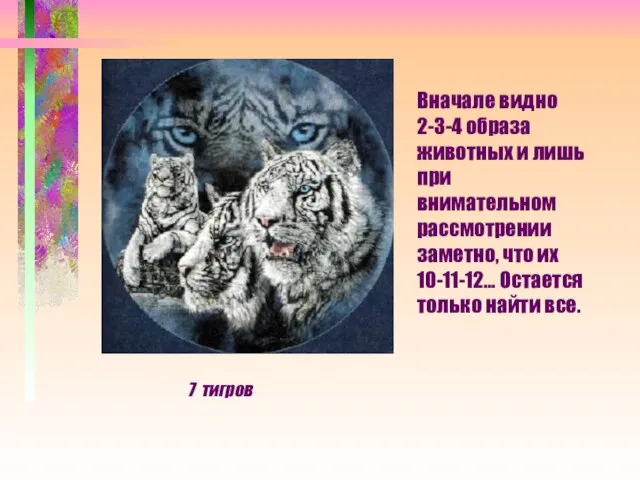 Вначале видно 2-3-4 образа животных и лишь при внимательном рассмотрении заметно, что