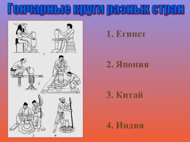 Гончарные круги разных стран 1. Египет 2. Япония 3. Китай 4. Индия