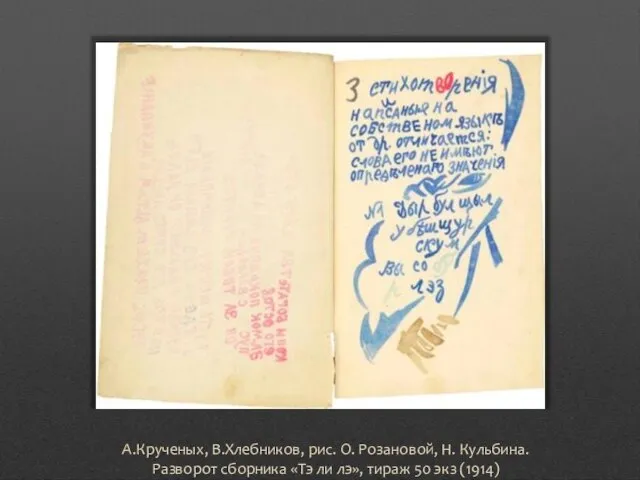 А.Крученых, В.Хлебников, рис. О. Розановой, Н. Кульбина. Разворот сборника «Тэ ли лэ», тираж 50 экз (1914)