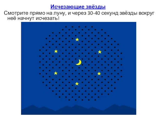 Исчезающие звёзды Смотрите прямо на луну, и через 30-40 секунд звёзды вокруг неё начнут исчезать!