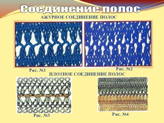 Соединение полос АЖУРНОЕ СОЕДИНЕНИЕ ПОЛОС ПЛОТНОЕ СОЕДИНЕНИЕ ПОЛОС Рис. №1 Рис. №2 Рис. №3 Рис. №4