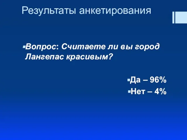 Результаты анкетирования Вопрос: Считаете ли вы город Лангепас красивым? Да – 96% Нет – 4%