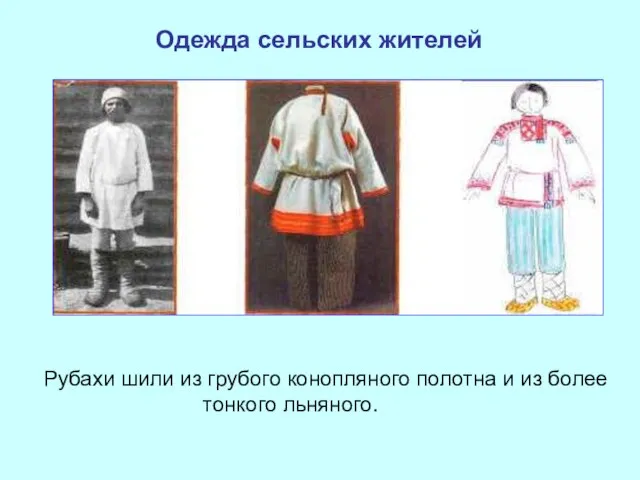 Одежда сельских жителей Рубахи шили из грубого конопляного полотна и из более тонкого льняного.