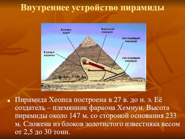 Внутреннее устройство пирамиды Пирамида Хеопса построена в 27 в. до н. э.