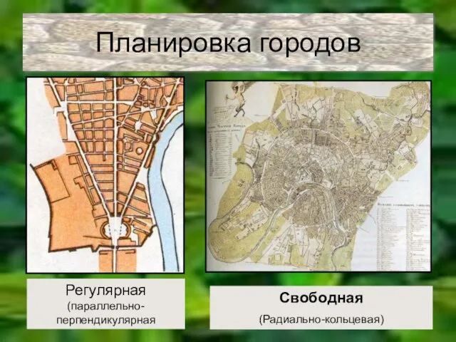 Планировка городов Регулярная (параллельно-перпендикулярная Свободная (Радиально-кольцевая)