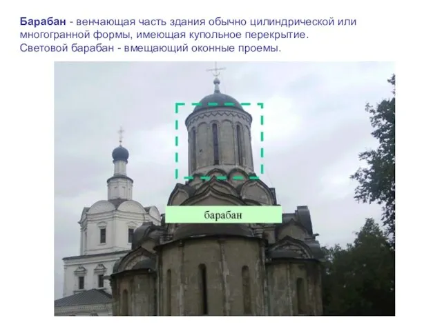 Барабан - венчающая часть здания обычно цилиндрической или многогранной формы, имеющая купольное