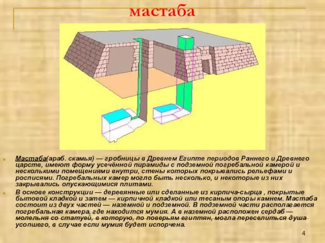 мастаба Мастаба(араб. скамья) — гробницы в Древнем Египте периодов Раннего и Древнего