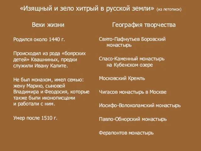 «Изящный и зело хитрый в русской земли» (из летописи) Вехи жизни Родился