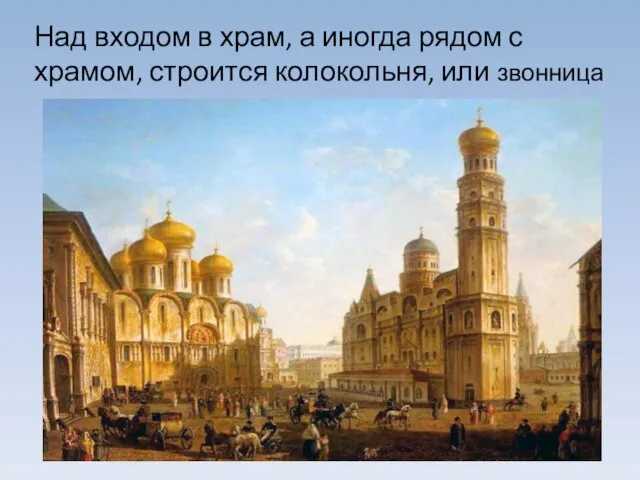 Над входом в храм, а иногда рядом с храмом, строится колокольня, или звонница