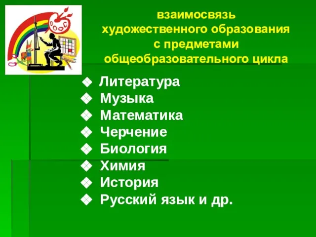 взаимосвязь художественного образования с предметами общеобразовательного цикла Литература Музыка Математика Черчение Биология