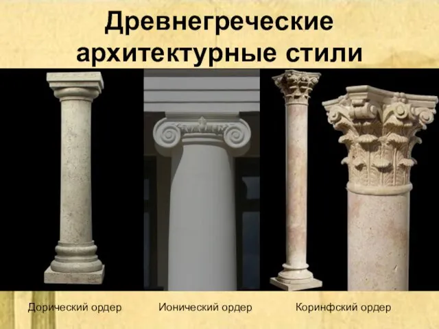 Древнегреческие архитектурные стили Дорический ордер Ионический ордер Коринфский ордер