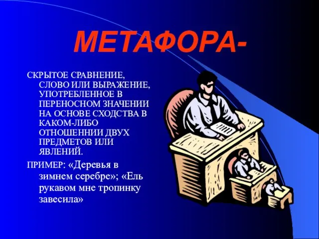 МЕТАФОРА- СКРЫТОЕ СРАВНЕНИЕ, СЛОВО ИЛИ ВЫРАЖЕНИЕ, УПОТРЕБЛЕННОЕ В ПЕРЕНОСНОМ ЗНАЧЕНИИ НА ОСНОВЕ