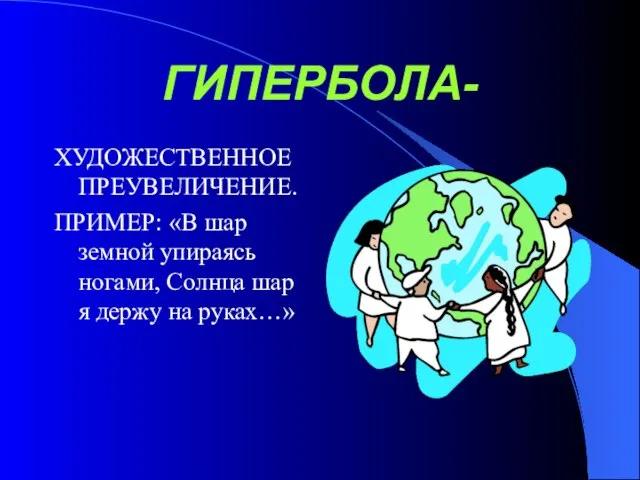 ГИПЕРБОЛА- ХУДОЖЕСТВЕННОЕ ПРЕУВЕЛИЧЕНИЕ. ПРИМЕР: «В шар земной упираясь ногами, Солнца шар я держу на руках…»