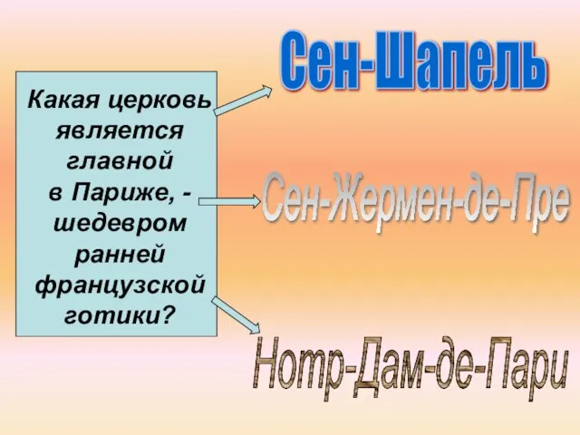 Какая церковь является главной в Париже, - шедевром ранней французской готики? Сен-Шапель Сен-Жермен-де-Пре Нотр-Дам-де-Пари