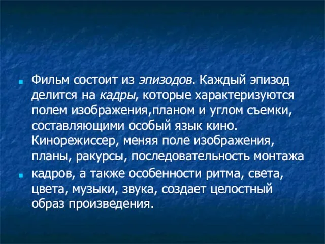 Фильм состоит из эпизодов. Каждый эпизод делится на кадры, которые характеризуются полем