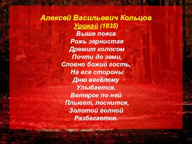 Алексей Васильевич Кольцов Урожай (1835) Выше пояса Рожь зернистая Дремит колосом Почти