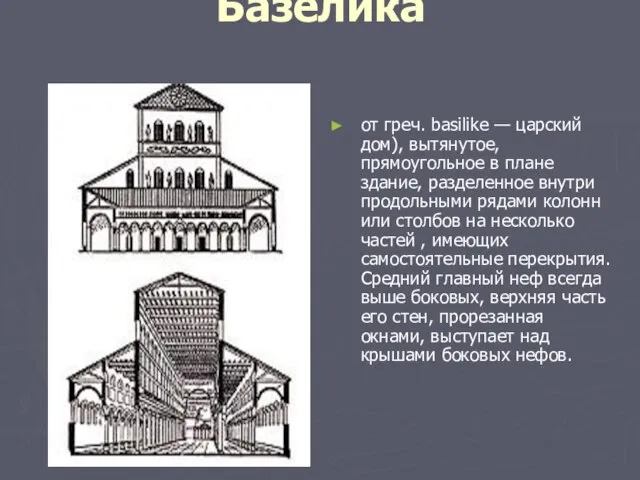 Базелика от греч. basilike — царский дом), вытянутое, прямоугольное в плане здание,