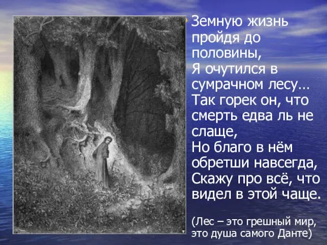 Земную жизнь пройдя до половины, Я очутился в сумрачном лесу… Так горек