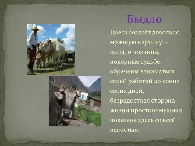 Пьеса создаёт довольно мрачную картину: и волы, и возница, покорные судьбе, обречены