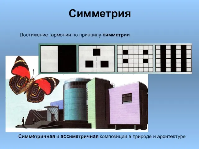 Симметрия Достижение гармонии по принципу симметрии Симметричная и ассиметричная композиции в природе и архитектуре