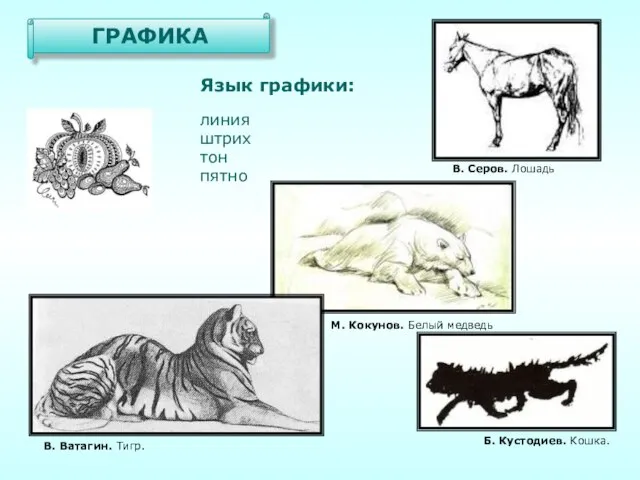 Язык графики: линия штрих тон пятно ГРАФИКА Б. Кустодиев. Кошка. В. Серов.